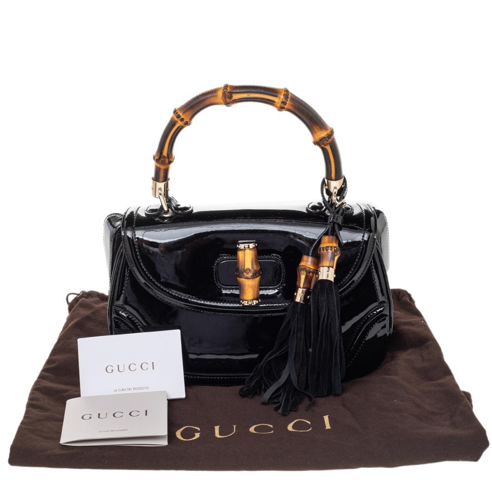 Gucci Black Patent Leather New Bamboo Top Handle Bag 8