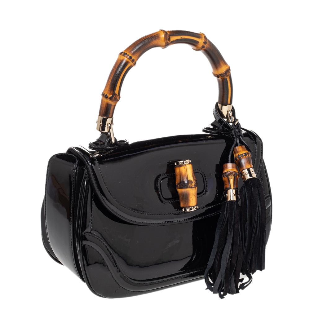 Women's Gucci Black Patent Leather New Bamboo Top Handle Bag
