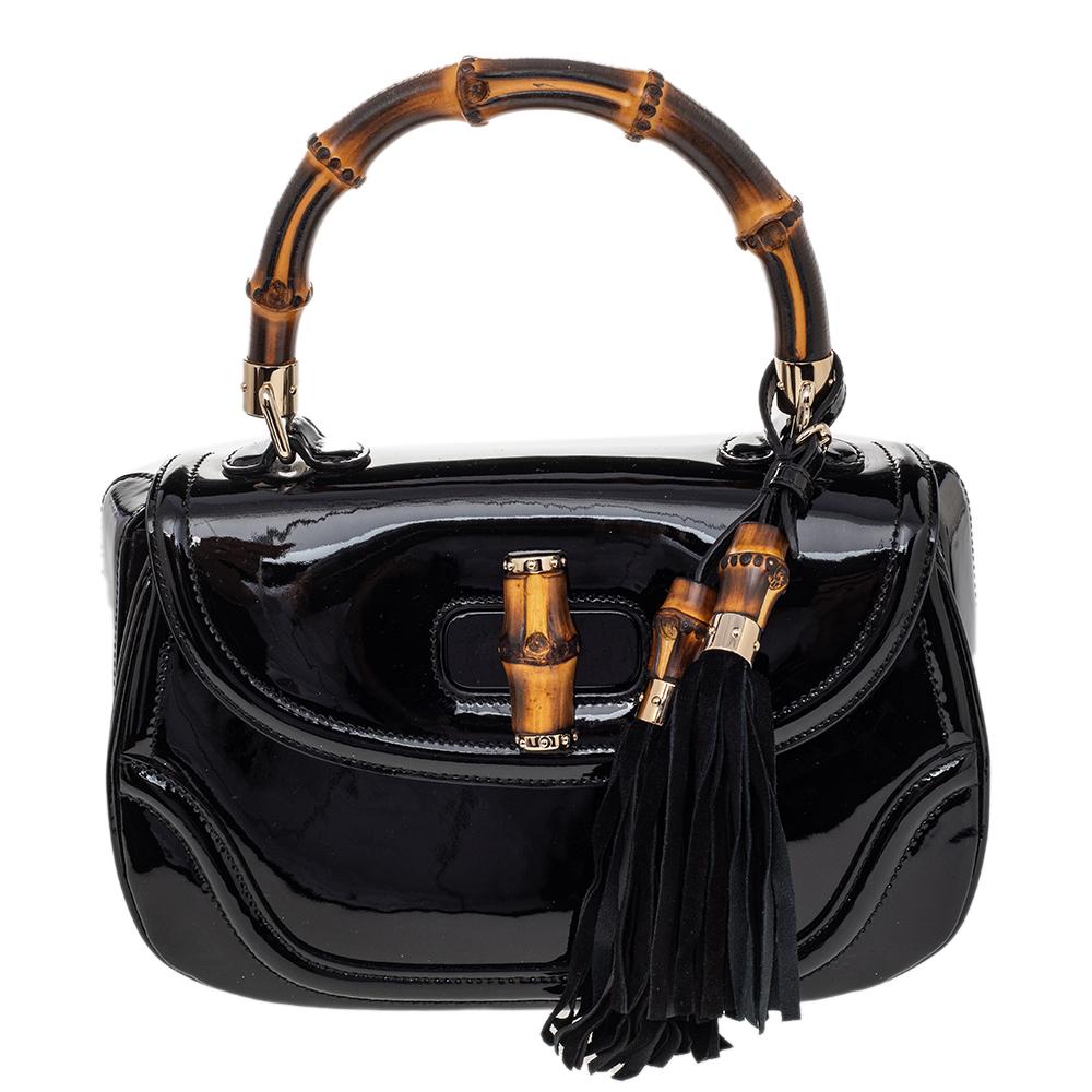 Gucci Black Patent Leather New Bamboo Top Handle Bag