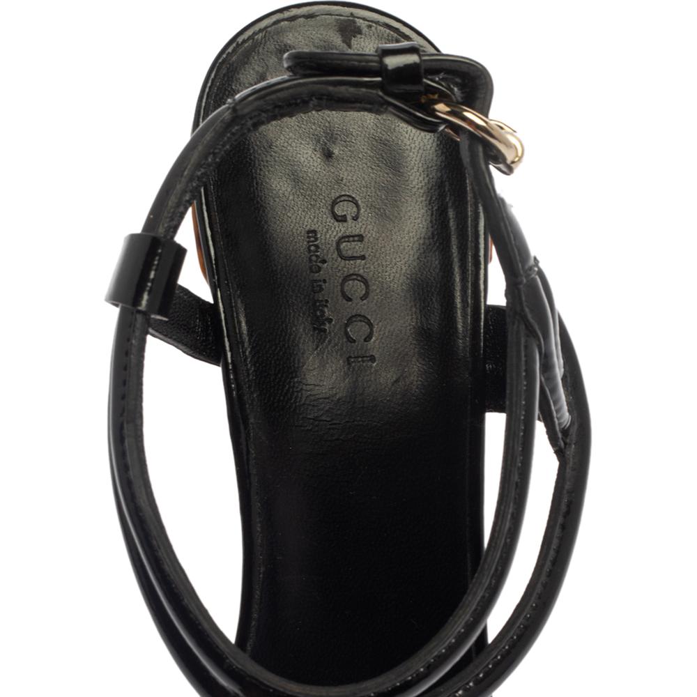 Women's Gucci Black Patent Leather Orchid Twist Detail Tortoise Heel Platform Sandals Si