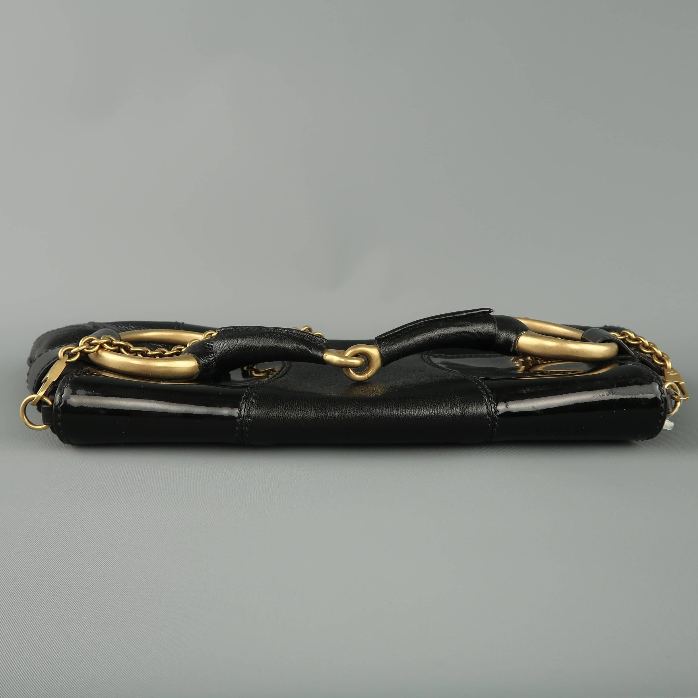GUCCI Black Patent Leather Panel Gold Horsebit Clutch Handbag 6