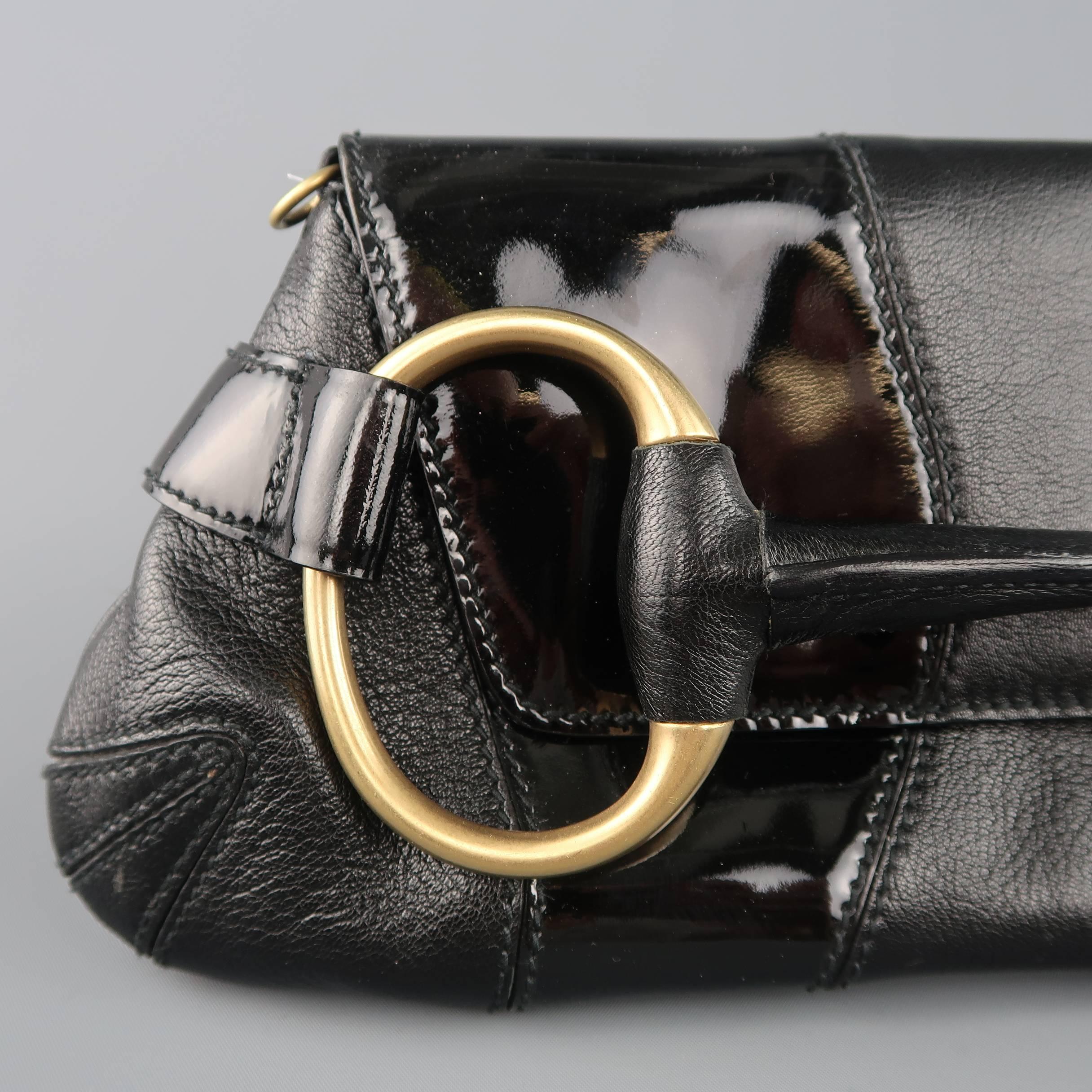GUCCI Black Patent Leather Panel Gold Horsebit Clutch Handbag In Good Condition In San Francisco, CA