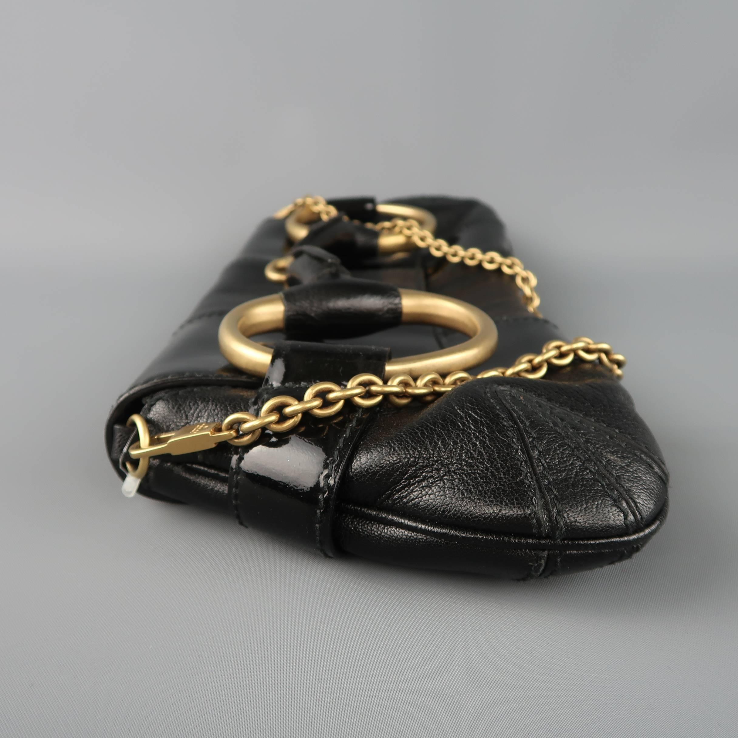 Women's GUCCI Black Patent Leather Panel Gold Horsebit Clutch Handbag