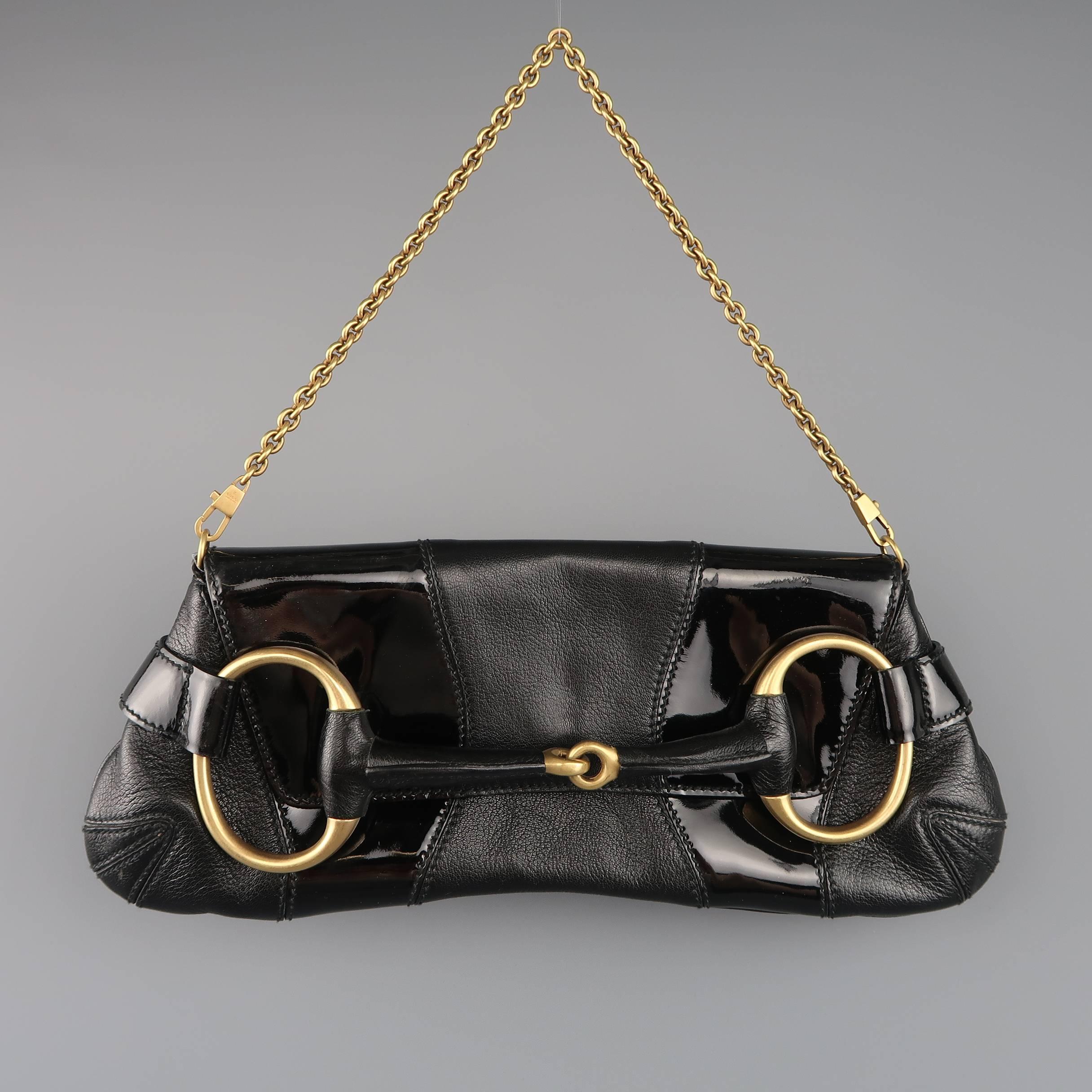 GUCCI Black Patent Leather Panel Gold Horsebit Clutch Handbag 1