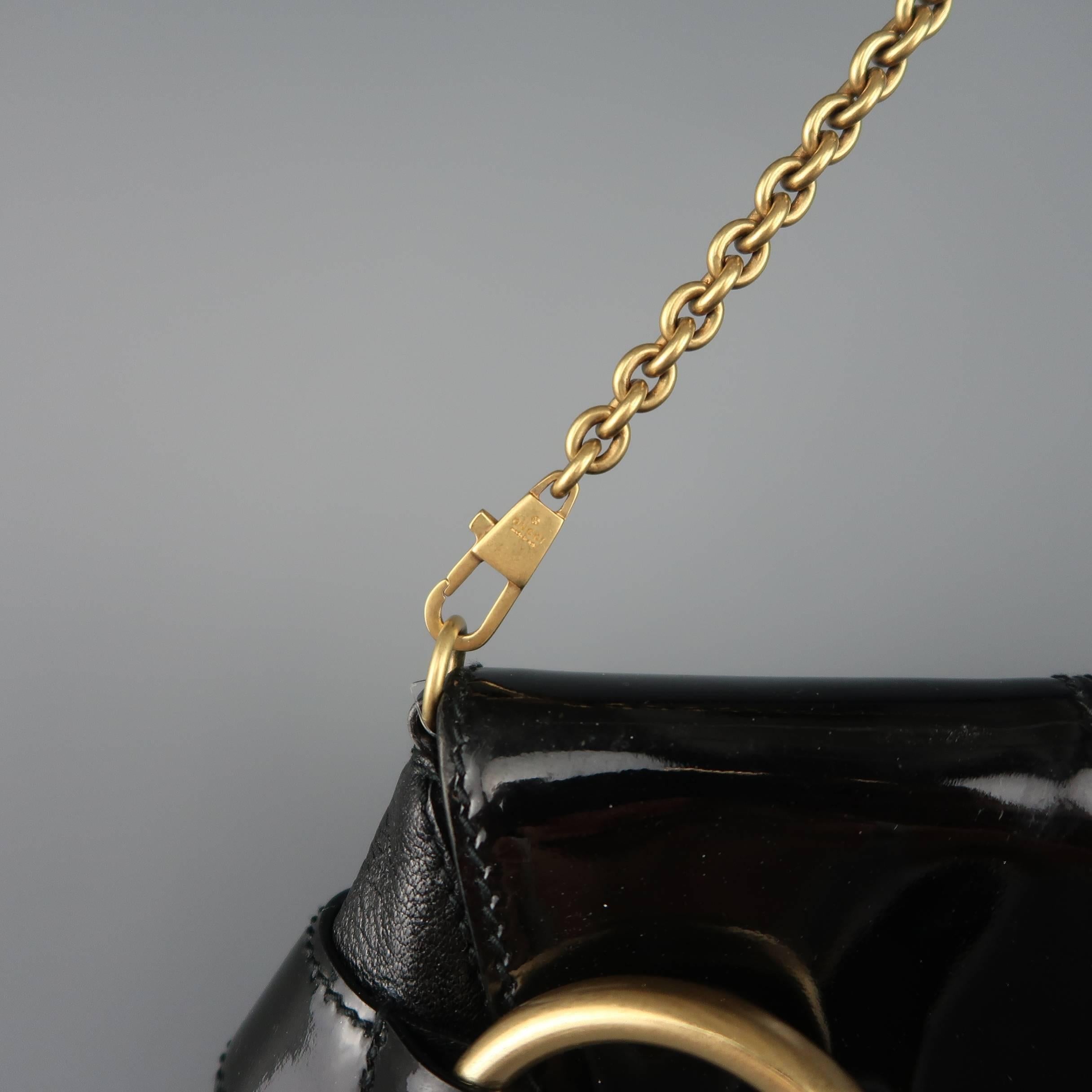 GUCCI Black Patent Leather Panel Gold Horsebit Clutch Handbag 2