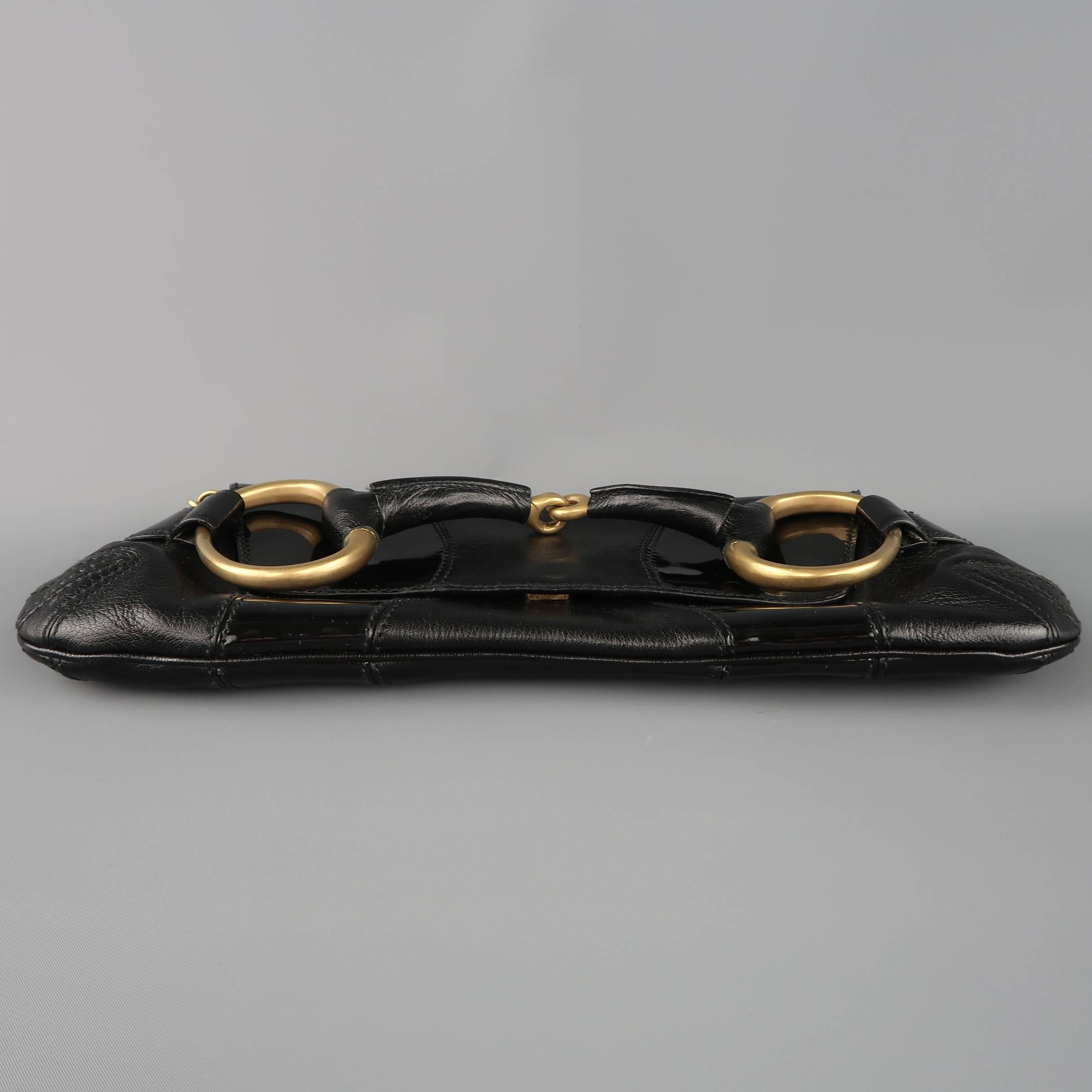 GUCCI Black Patent Leather Panel Gold Horsebit Clutch Handbag 3