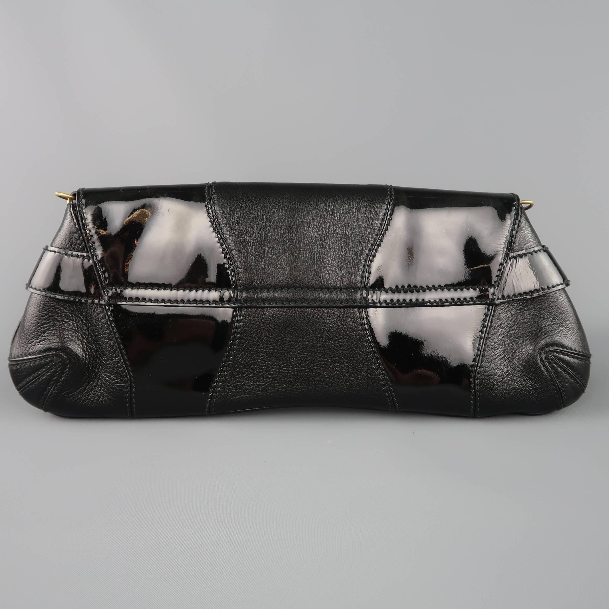 GUCCI Black Patent Leather Panel Gold Horsebit Clutch Handbag 4