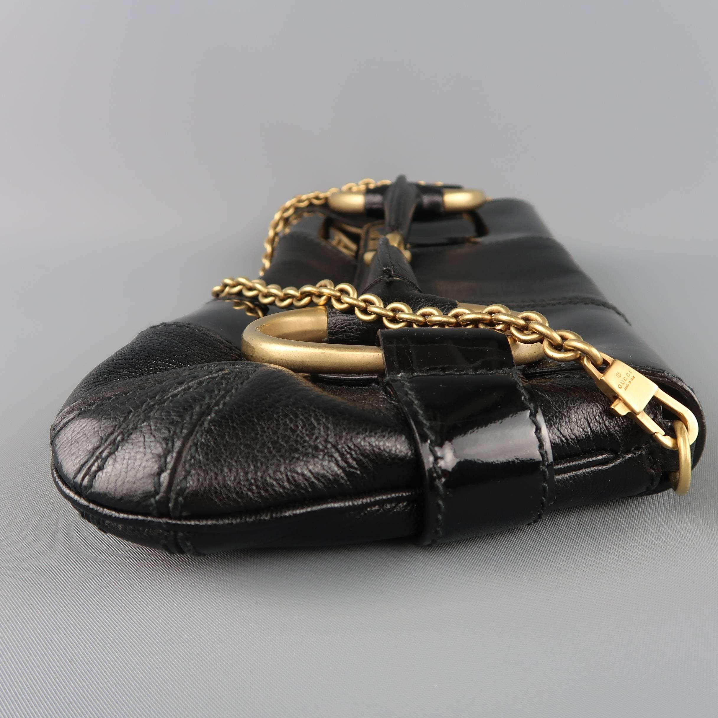 GUCCI Black Patent Leather Panel Gold Horsebit Clutch Handbag 5