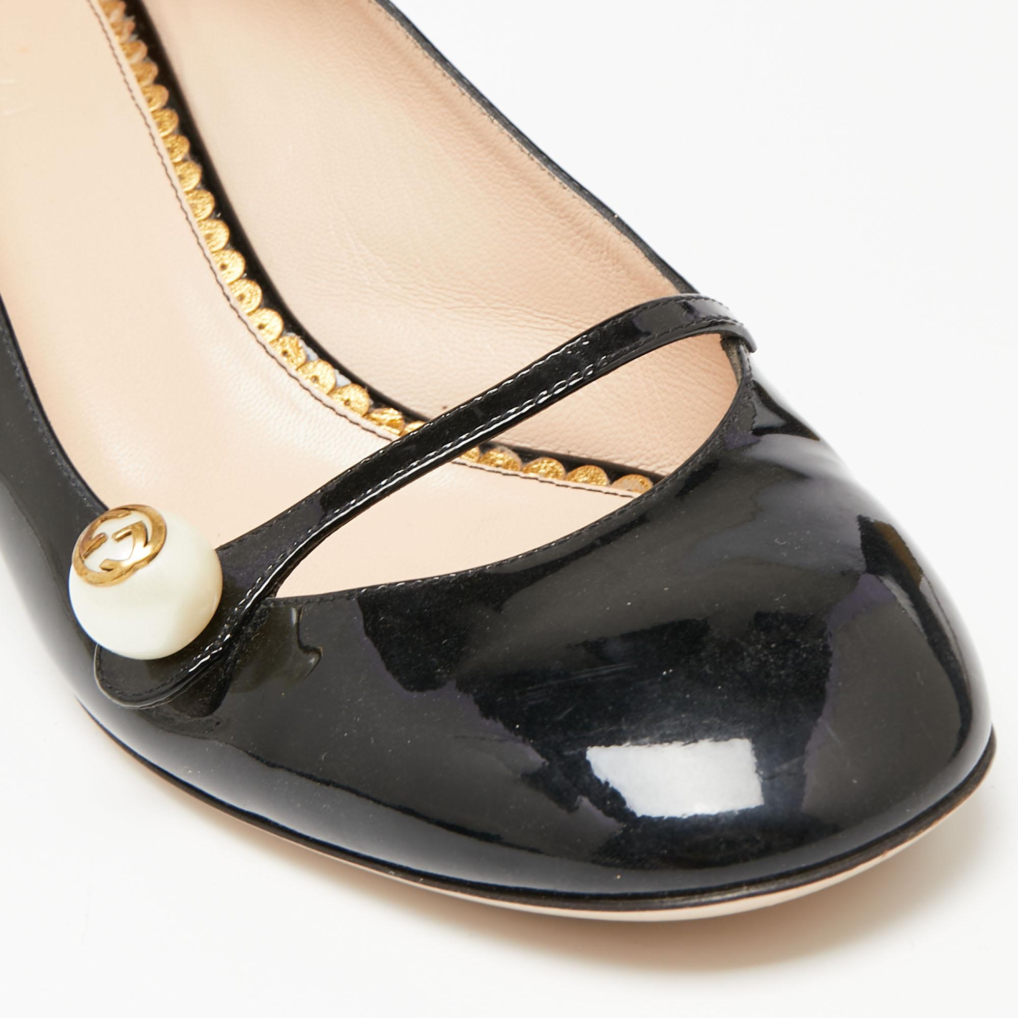 Gucci Black Patent Leather Pearl Embellished Block Heel Pumps Size 39.5 5
