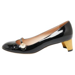 Gucci Black Patent Leather Pearl Embellished Block Heel Pumps Size 39.5