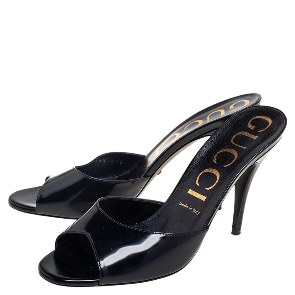 Gucci Black Patent Leather Peep Toe Mules Size 39.5 2