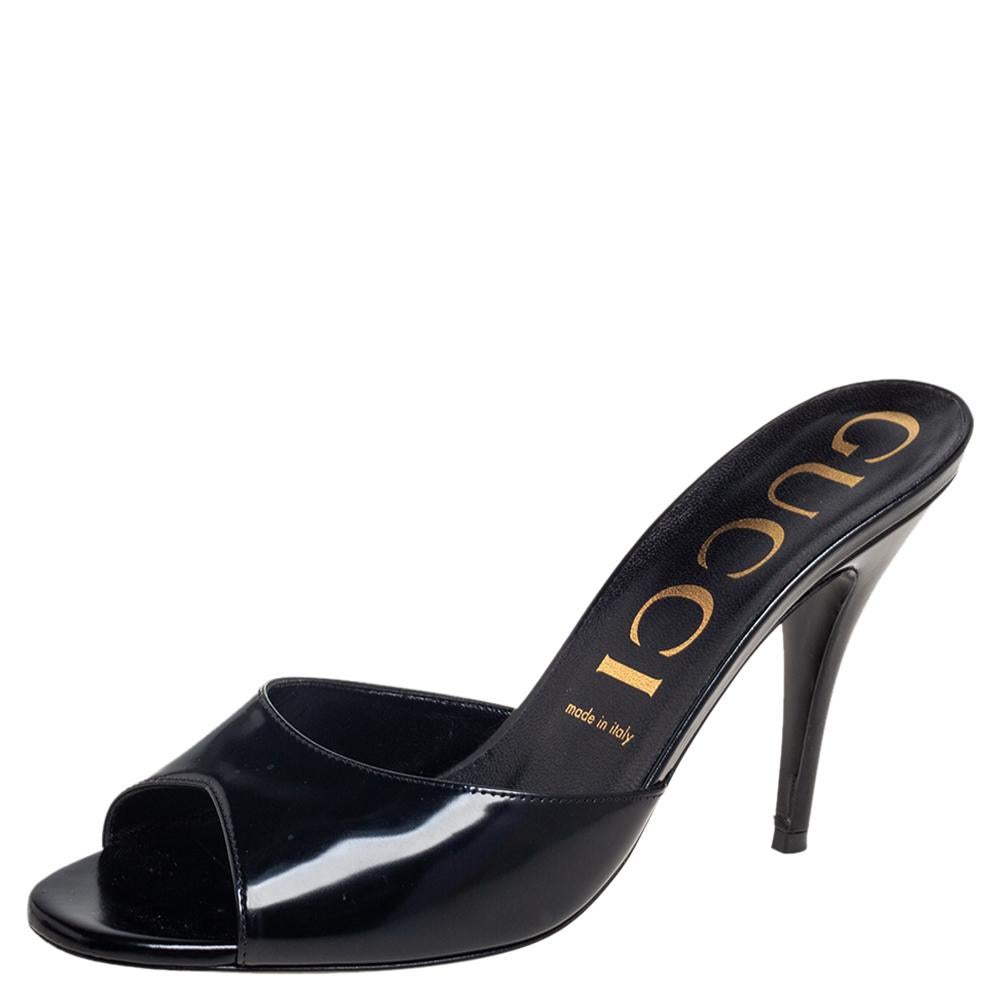 Gucci Black Patent Leather Peep Toe Mules Size 39.5 3