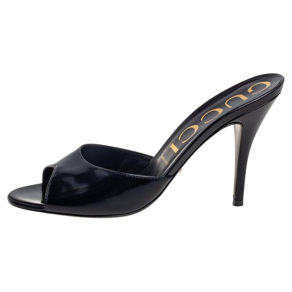 Gucci Black Patent Leather Peep Toe Mules Size 39.5