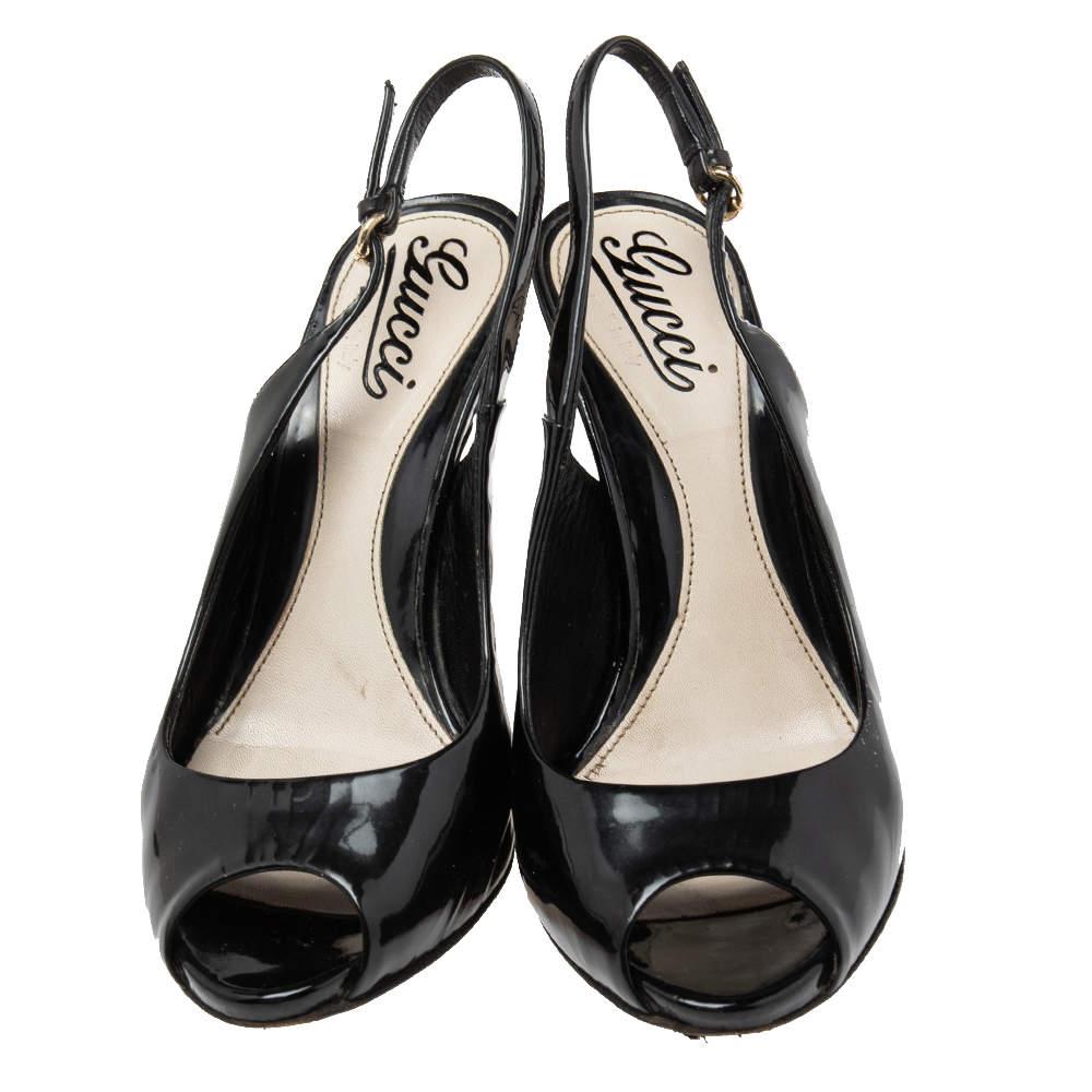 Gucci Black Patent Leather Peep-Toe Slingback Sandals Size 36 For Sale 1