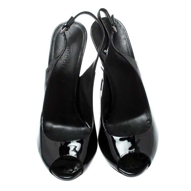Gucci Black Patent Leather Peep Toe Slingback Sandals Size 36.5 For ...