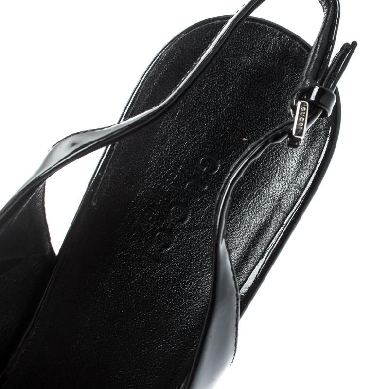 Gucci Black Patent Leather Peep Toe Slingback Sandals Size 36.5 2