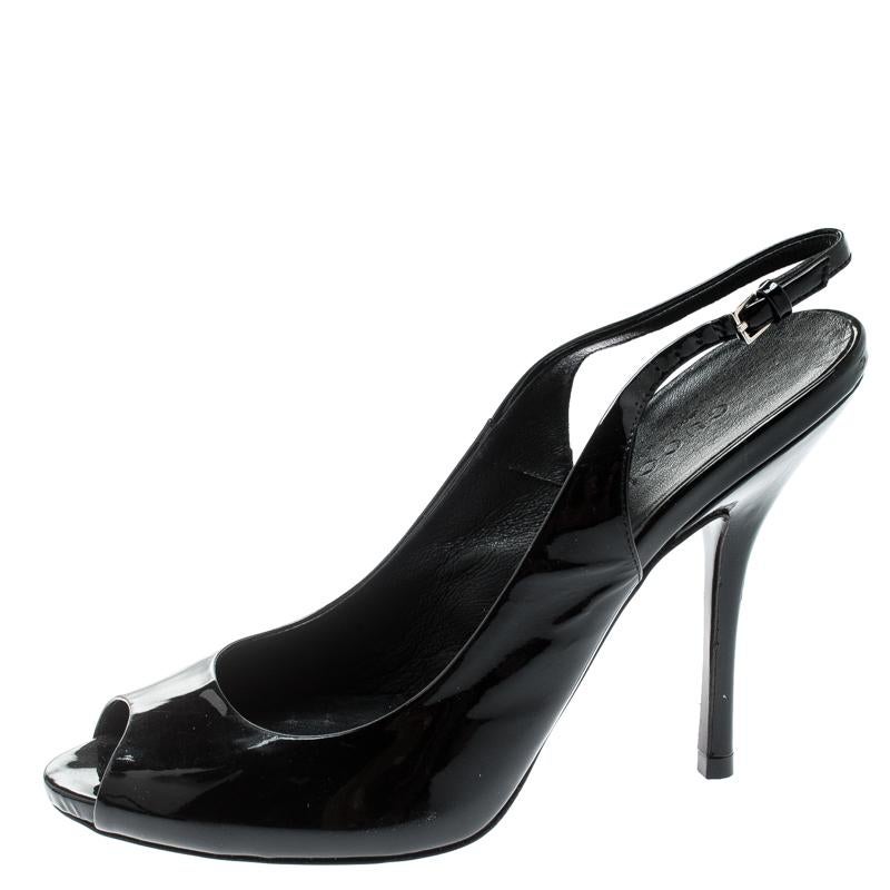 Gucci Black Patent Leather Peep Toe Slingback Sandals Size 36.5 3