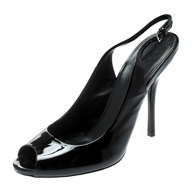 Gucci Black Patent Leather Peep Toe Slingback Sandals Size 36.5