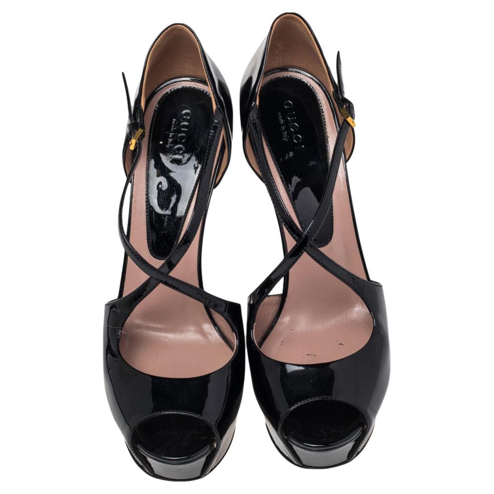 Gucci Black Patent Leather Platform Crisscross Strap Sandals Size 38 1