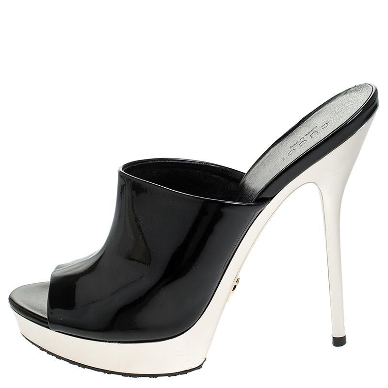 Women's Gucci Black Patent Leather Platform Open Toe Mules Size 37.5