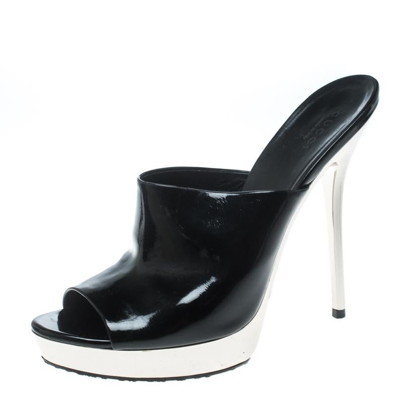 Gucci Black Patent Leather Platform Open Toe Mules Slides Sandals Size 38.5