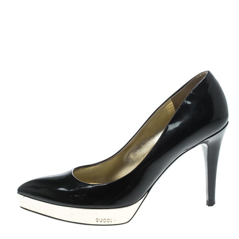 Gucci Black Patent Leather Pointed Toe Platform Pumps Size 37 For Sale