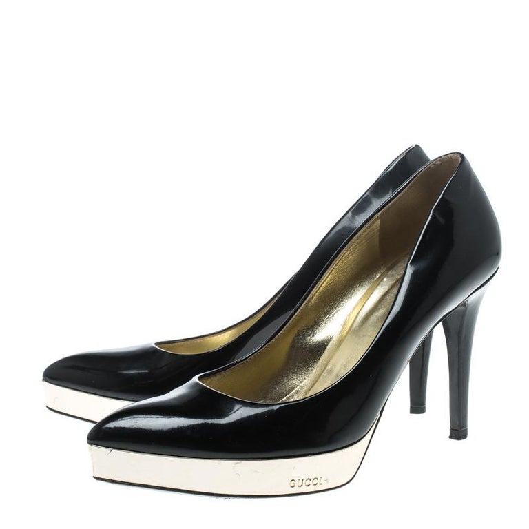 Gucci Black Patent Leather Pointed Toe Platform Pumps Size 37 For Sale