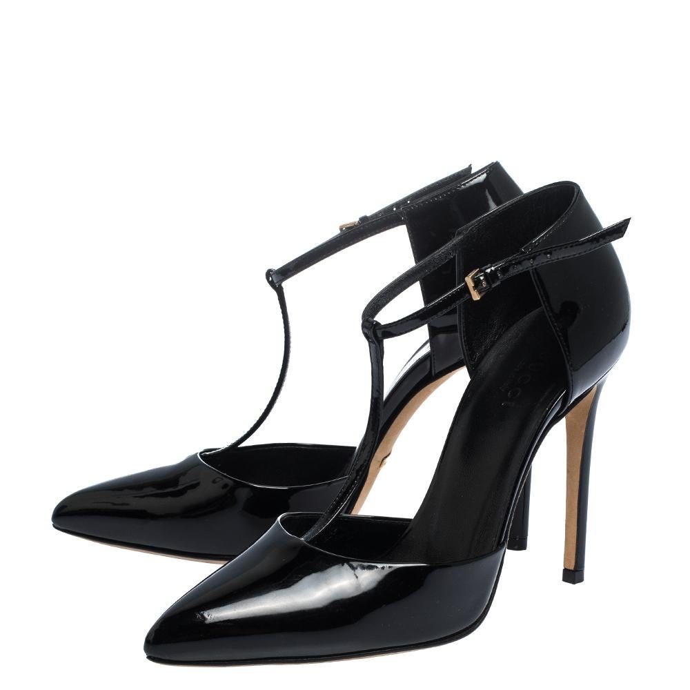 Gucci Black Patent Leather Pointed Toe T-Strap Pumps Size 36 3