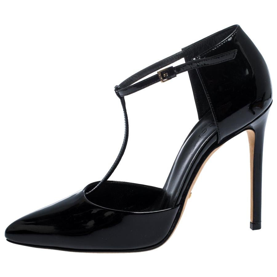 Gucci Black Patent Leather Pointed Toe T-Strap Pumps Size 36