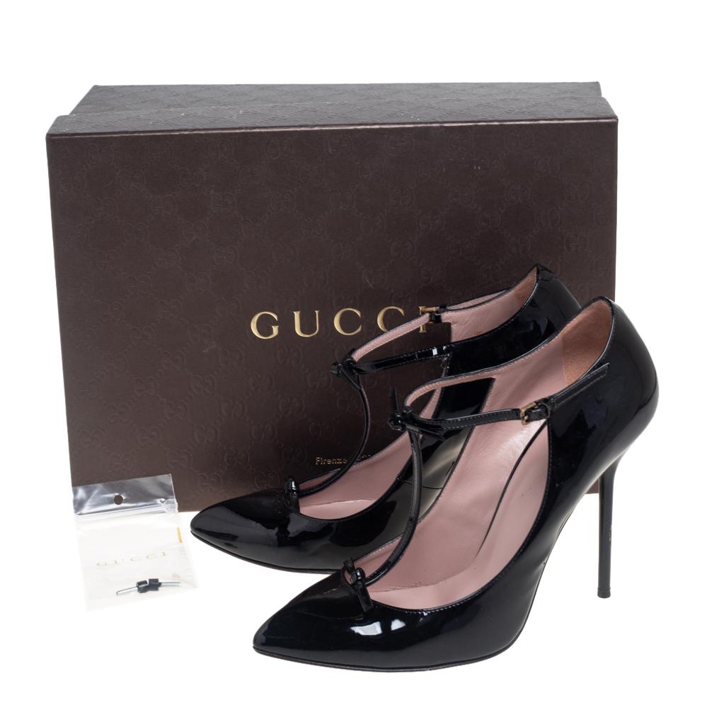 Gucci Black Patent Leather Pointed Toe T-Strap Pumps Size 39.5 2