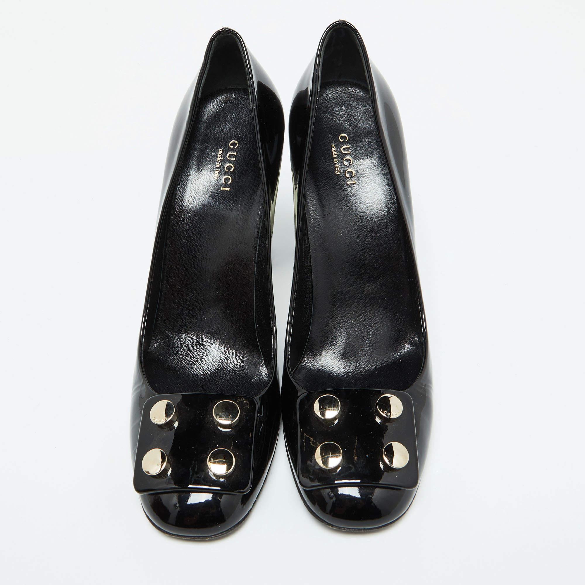 Noir Gucci - Escarpins Lifford en cuir verni noir à bouts ronds - Taille 39 en vente