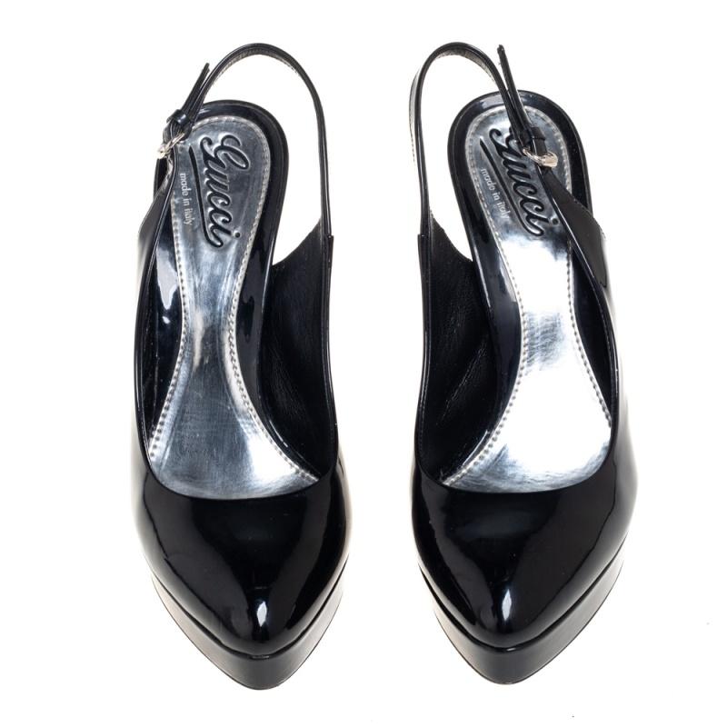 Women's Gucci Black Patent Leather Slingback Platform Sandals Size 37.5 For Sale