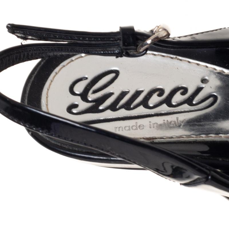 Gucci Black Patent Leather Slingback Platform Sandals Size 37.5 For Sale 1