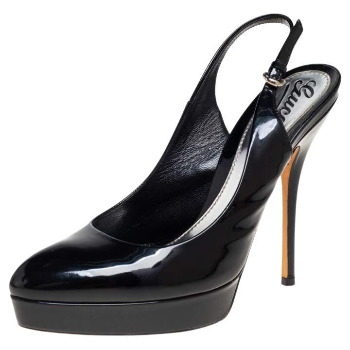 Gucci Black Patent Leather Slingback Platform Sandals Size 37.5 For Sale