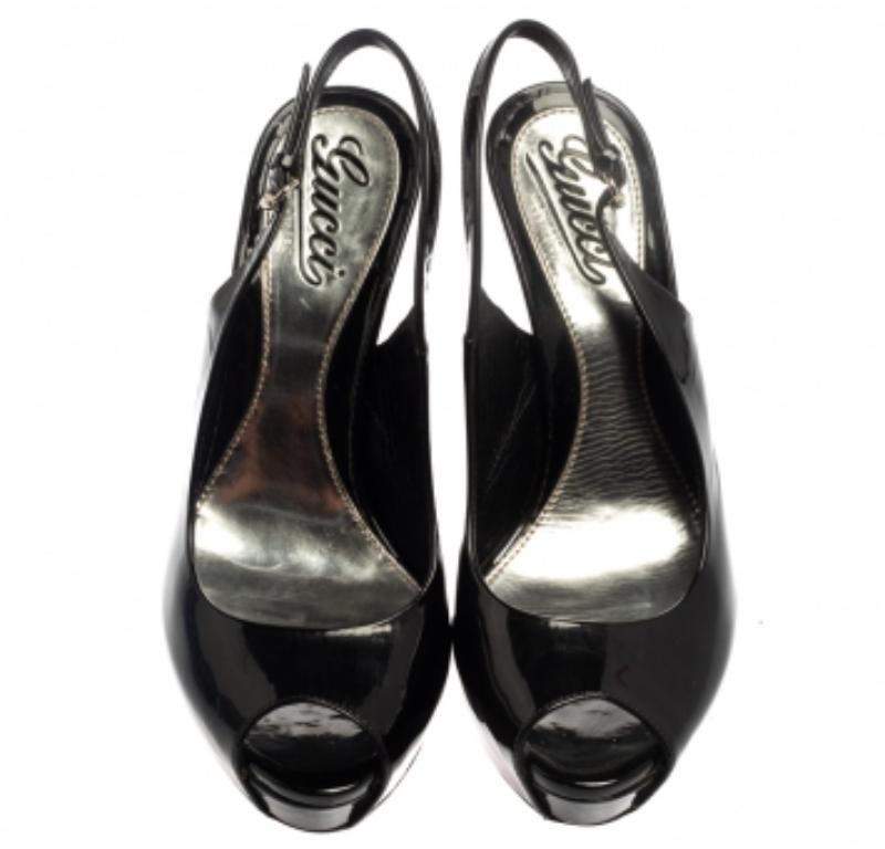 Gucci Black Patent Leather Sofia Platform Slingback Sandals Size 37 In Fair Condition For Sale In Dubai, Al Qouz 2