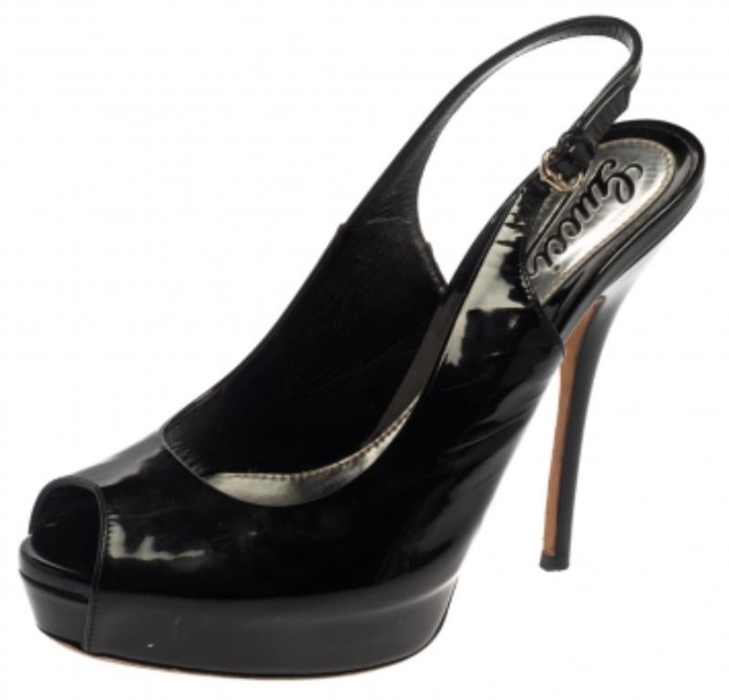 Women's Gucci Black Patent Leather Sofia Platform Slingback Sandals Size 37 For Sale