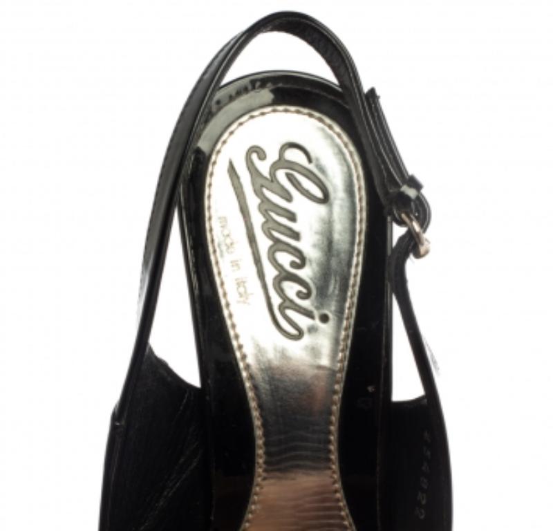 Gucci Black Patent Leather Sofia Platform Slingback Sandals Size 37 For Sale 1