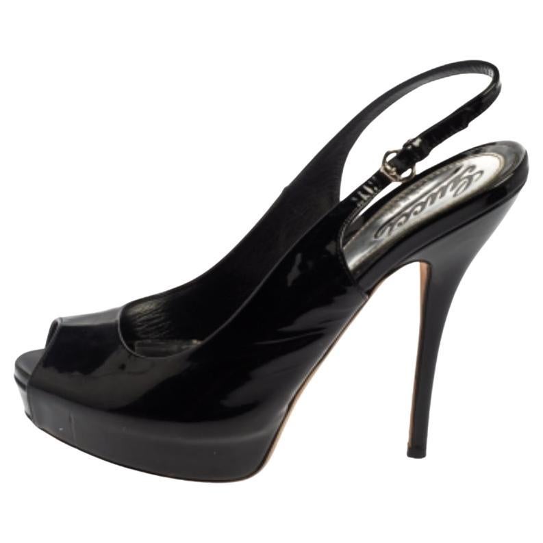 Gucci Black Patent Leather Sofia Platform Slingback Sandals Size 37 For Sale