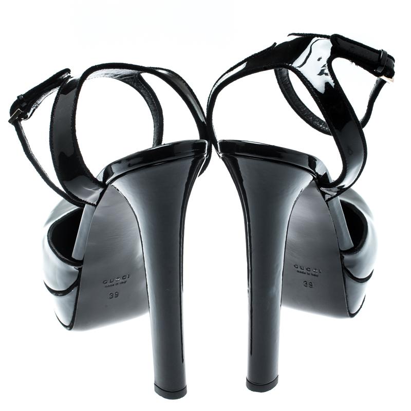Gucci Black Patent Leather/Suede Trim Platform Ankle Strap Sandals Size 39 2