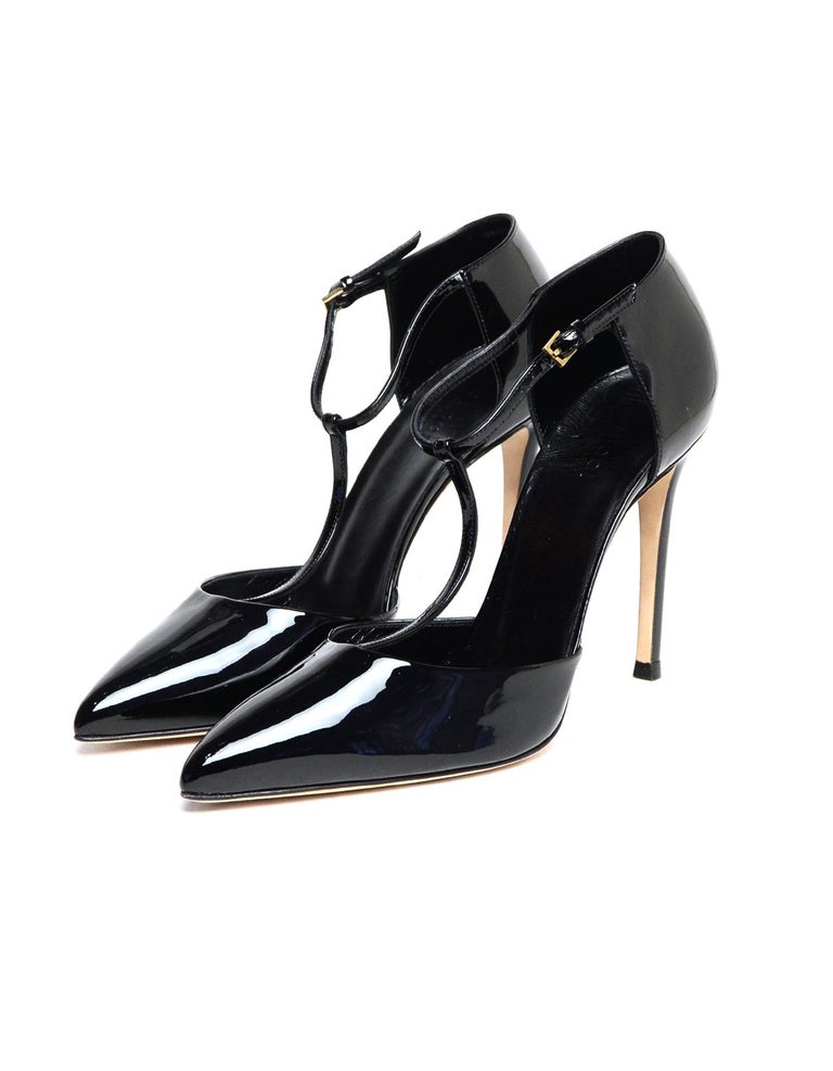 Gucci Black Patent Leather T-Strap Point Toe Pumps Sz 39 For Sale at ...