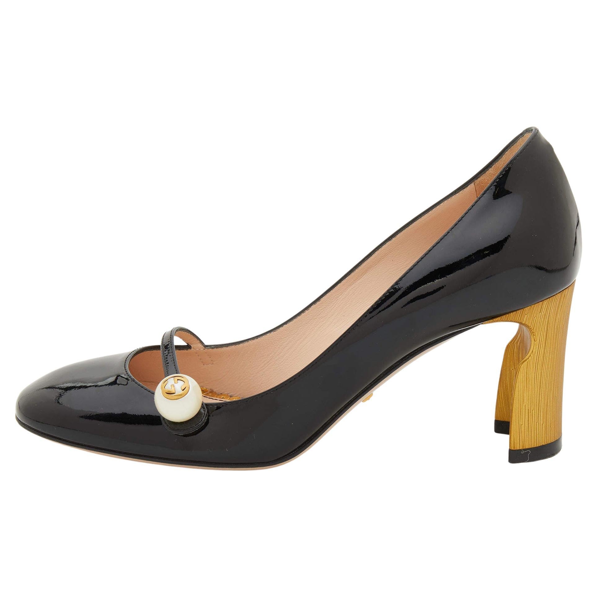 Gucci Black Patent Leather Vernice Pearl Arielle Mary Jane Pumps Size ...