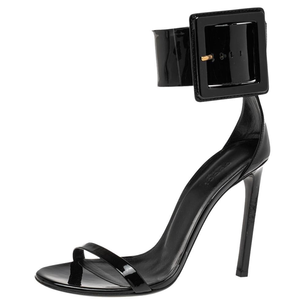 Gucci Black Patent Leather Victoire Ankle Strap Sandals Size 39