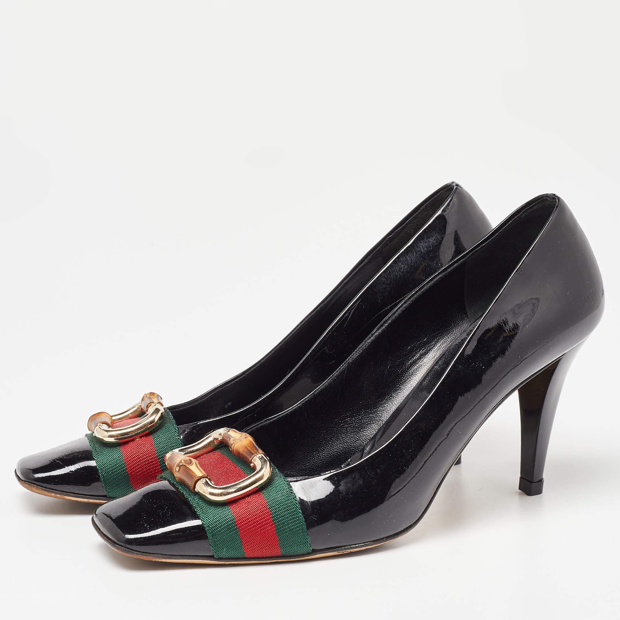 Gucci Black Patent Leather Web Bamboo Buckle Pumps Size 39.5 For Sale 1