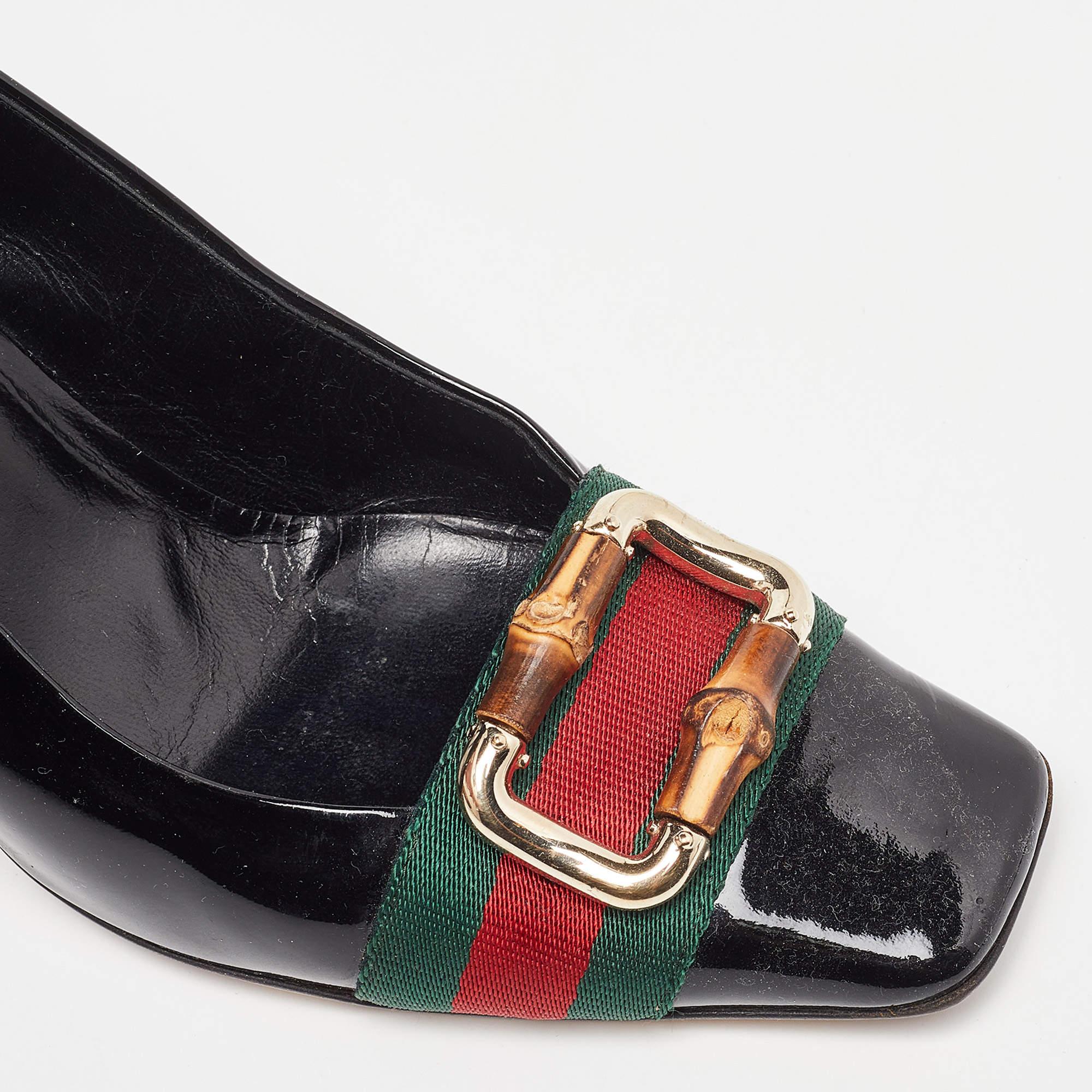 Gucci Black Patent Leather Web Bamboo Buckle Pumps Size 39.5 For Sale 2