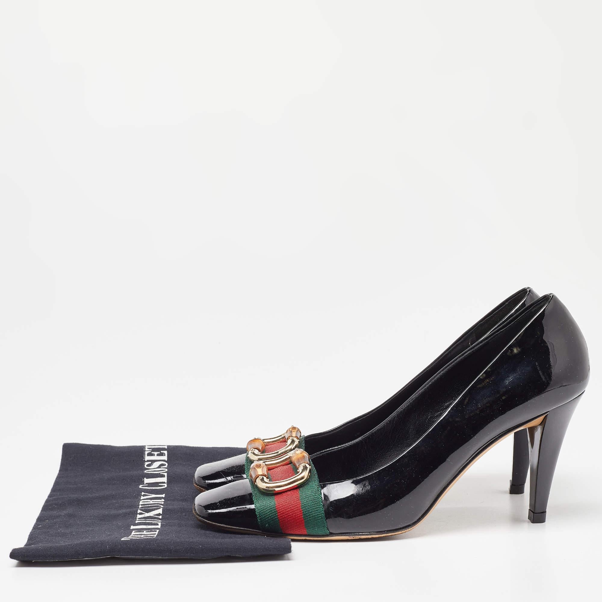 Gucci Black Patent Leather Web Bamboo Buckle Pumps Size 39.5 For Sale 5