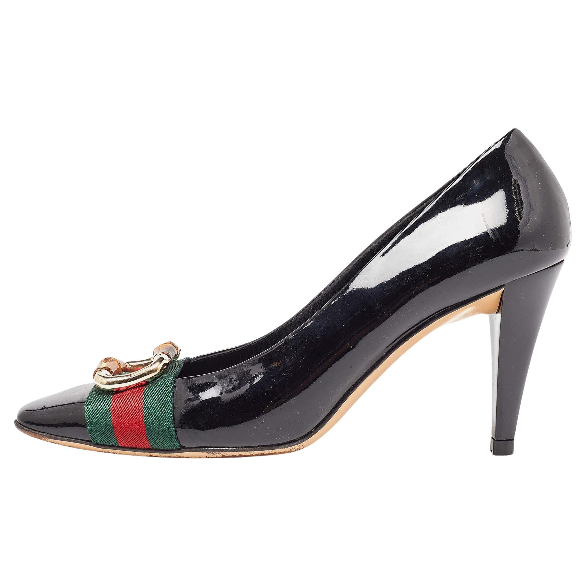 Gucci Black Patent Leather Web Bamboo Buckle Pumps Size 39.5 For Sale