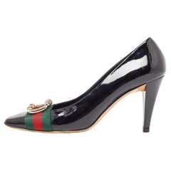 Gucci Black Patent Leather Web Bamboo Buckle Pumps Size 39.5
