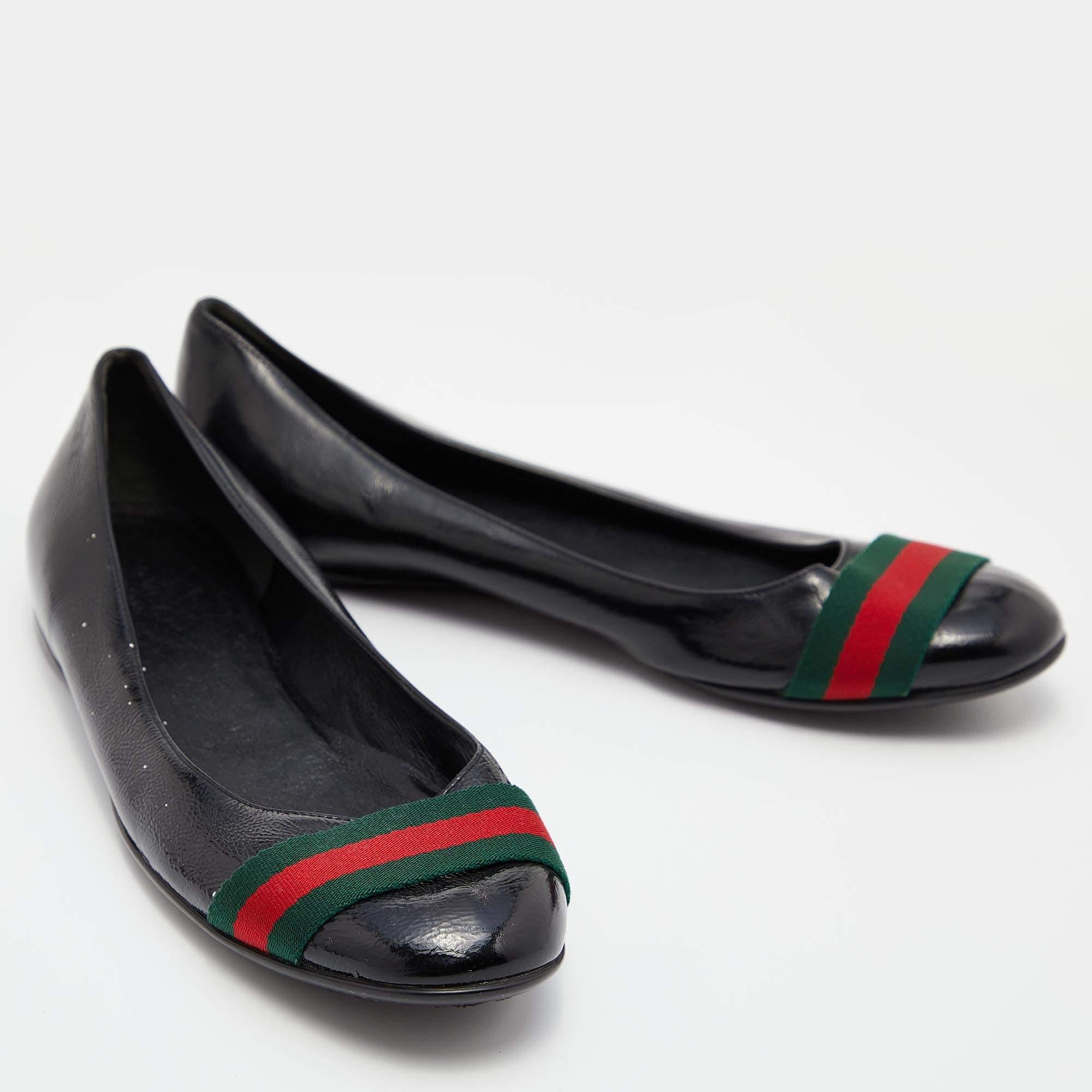 Gucci Black Patent Leather Web Stripe Ballet Flats Size 39 For Sale 1