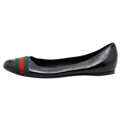 Used Gucci Black Patent Leather Web Stripe Ballet Flats Size 39