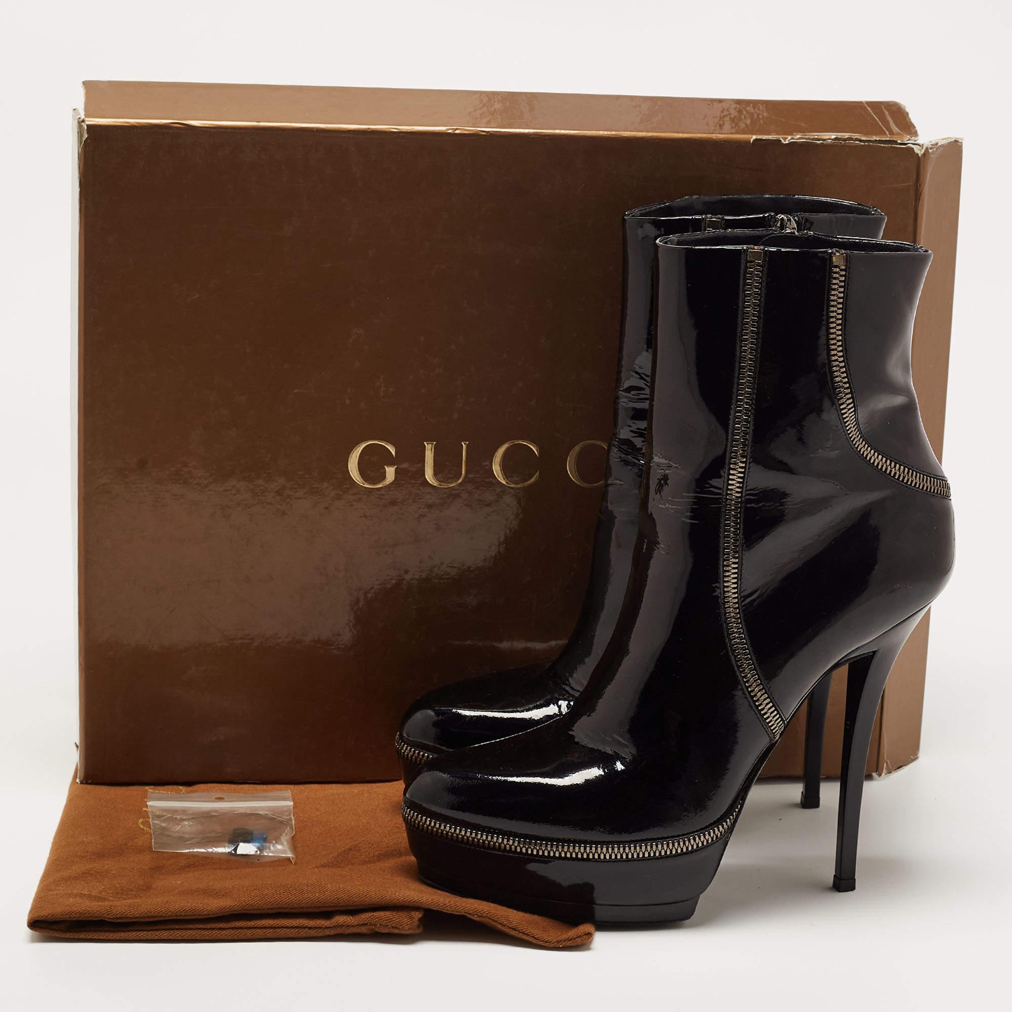 Gucci Black Patent Leather Zip Detail Platform Ankle Boots Size 38.5 7